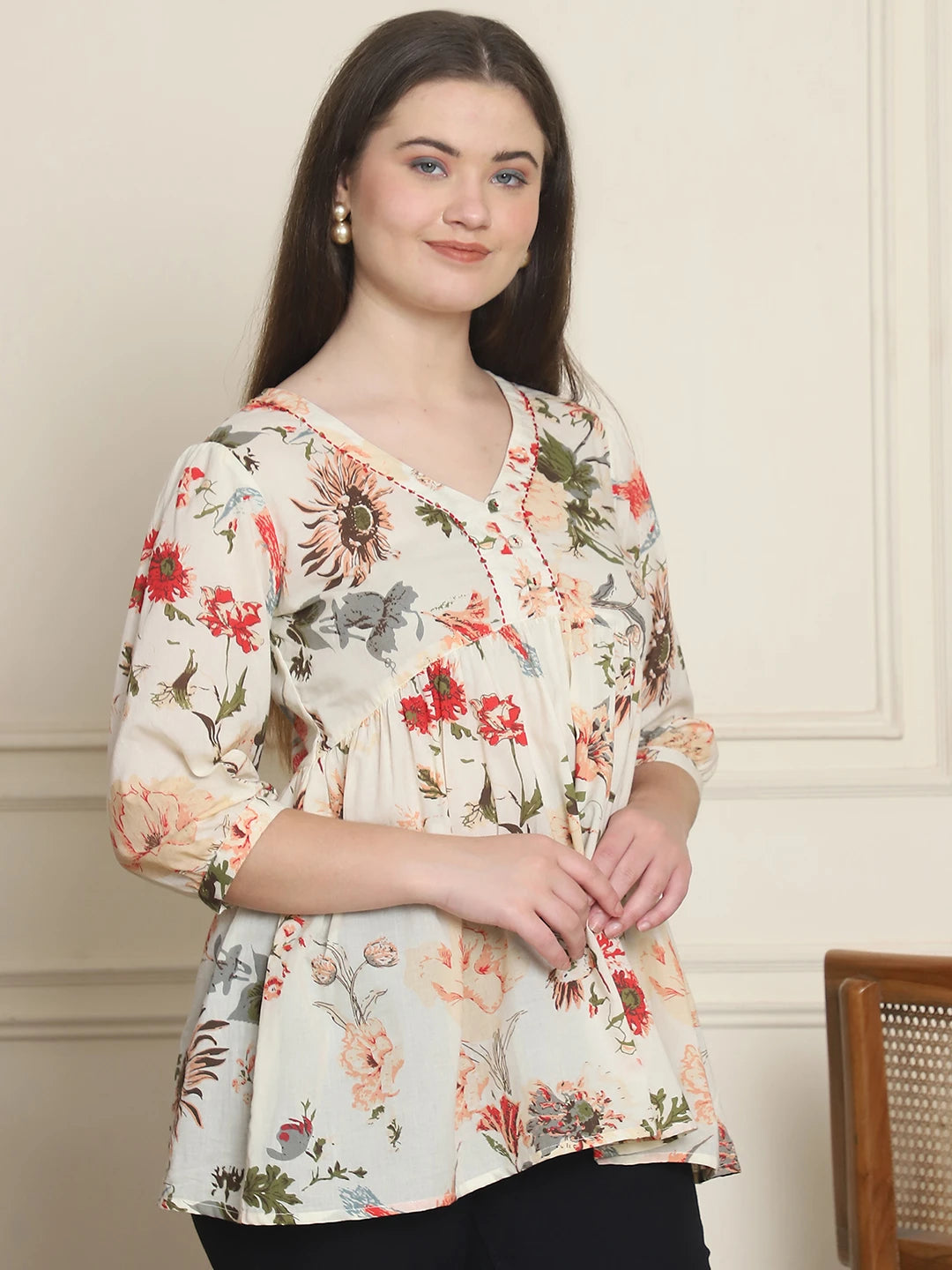 Frempy Women Off White Pure Cotton Top