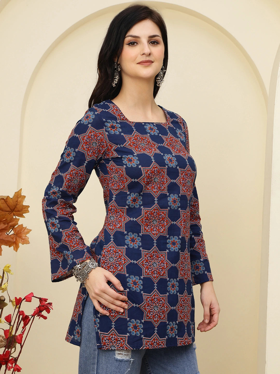 Navy Blue Ajrakh Printed A-Line Pure Cotton Short Kurti