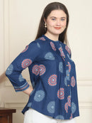 Frempy Women Navy Blue Mandala Floral Printed Pure Cotton Top