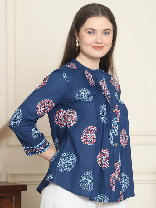 Frempy Women Navy Blue Mandala Floral Printed Pure Cotton Top