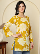 Mustard Yellow Floral Print Lace-Up Pure Cotton Kurti