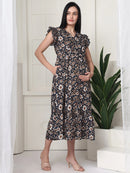 Frempy Women Black Floral Printed Knee Length Dress