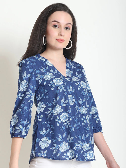 Frempy Women Navy Blue Floral Printed Pure Cotton Top