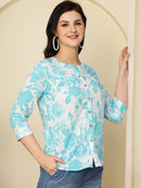 Aqua Blue Bold Floral Buttoned Mandarin Collar Cotton Top