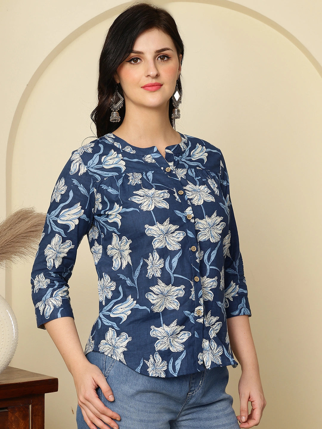 Navy Blue Floral Buttoned Mandarin Collar Cotton Top