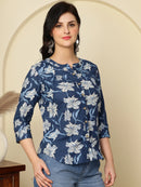 Navy Blue Floral Buttoned Mandarin Collar Cotton Top