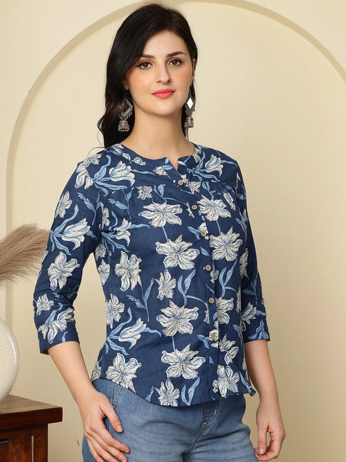 Navy Blue Floral Buttoned Mandarin Collar Cotton Top