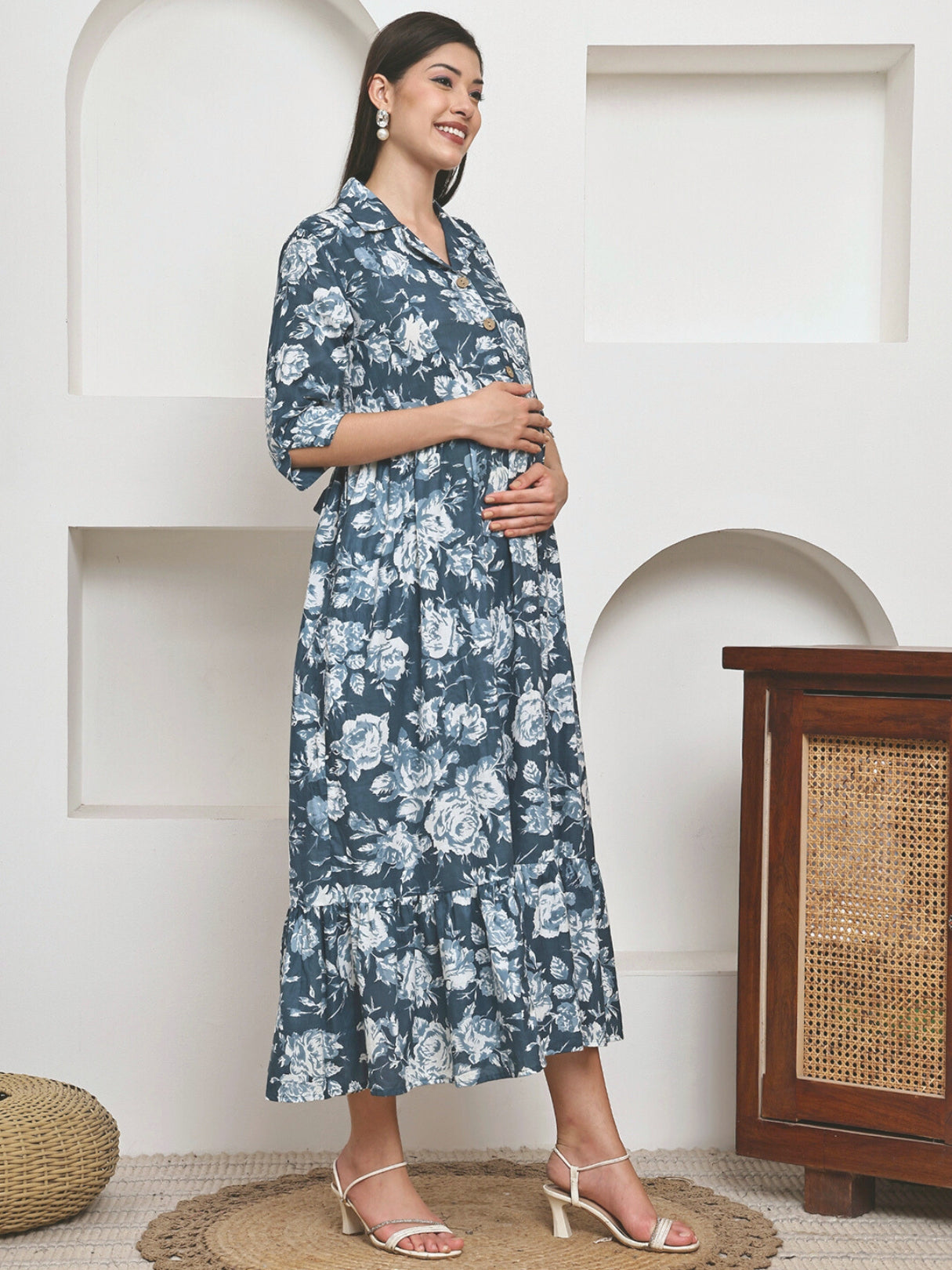 Frempy Women Fit and Flare Soft Blue Floral Printed Maxi/Full Length Dress