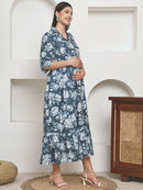 Frempy Women Fit and Flare Soft Blue Floral Printed Maxi/Full Length Dress