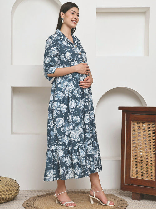 Frempy Women Fit and Flare Soft Blue Floral Printed Maxi/Full Length Dress