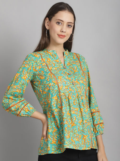 Lime Green Floral Printed Floral Pure Cotton Top