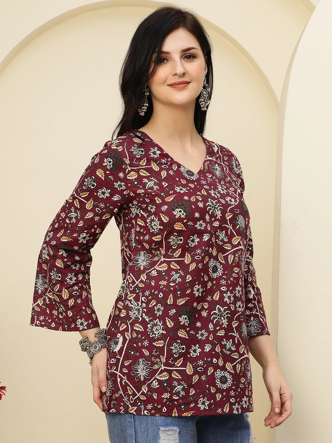 Maroon Floral Printed V-Neck Pure Cotton Short Kurti