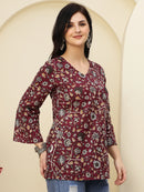 Maroon Floral Printed V-Neck Pure Cotton Short Kurti