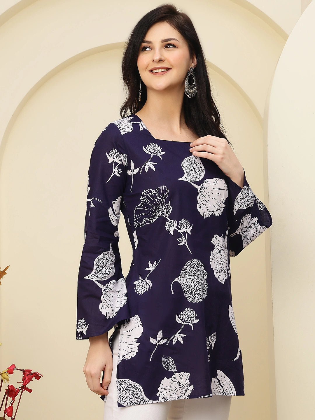 Navy Floral Bell Sleeve Pure Cotton Short Kurti