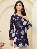 Navy Floral Bell Sleeve Pure Cotton Short Kurti