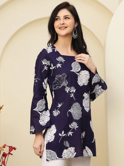 Navy Floral Bell Sleeve Pure Cotton Short Kurti