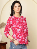 Pink Floral Buttoned Mandarin Collar Cotton Top