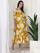 Frempy Women Yellow Floral Printed  Maternity Dress