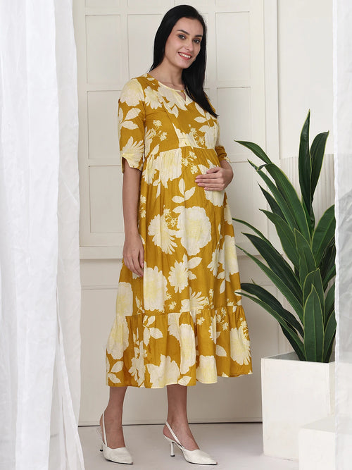Frempy Women Yellow Floral Printed  Maternity Dress