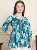 Frempy Women Teal Printed Pure Cotton Top