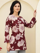 Maroon Floral Print Lace-Up Back Pure Cotton Short Kurti