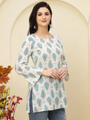 Ivory Blue Ethnic Motifs Printed Lace-Up Back Pure Cotton Short Kurti