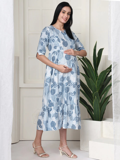 Frempy Women Light Blue Printed Maternity Dress