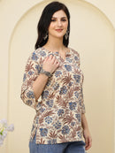 Cream Floral Printed V-Neck Pure Cotton Short Kurti