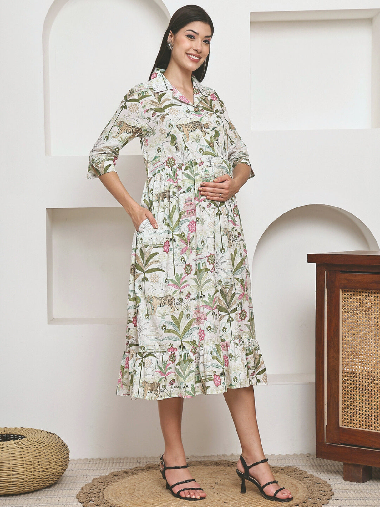 Frempy Women Fit and Flare Green Floral Printed Maxi/Full Length Dress