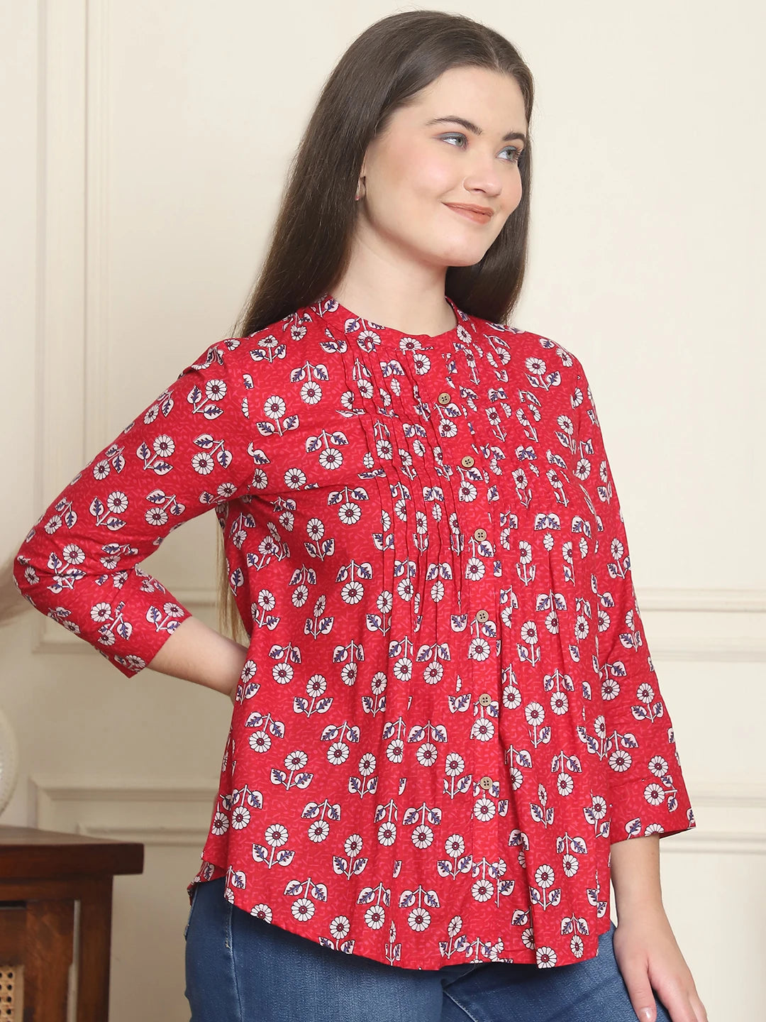 Frempy Women Red Floral Printed Pure Cotton Top