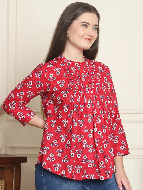 Frempy Women Red Floral Printed Pure Cotton Top