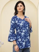 Navy Blue Floral Printed V-Neck Pure Cotton Short Kurti