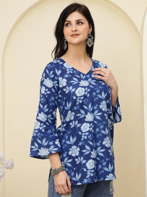 Navy Blue Floral Printed V-Neck Pure Cotton Short Kurti