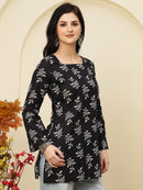 Black Leaf Printed  Lace-Up Back Pure Cotton Short Kurti
