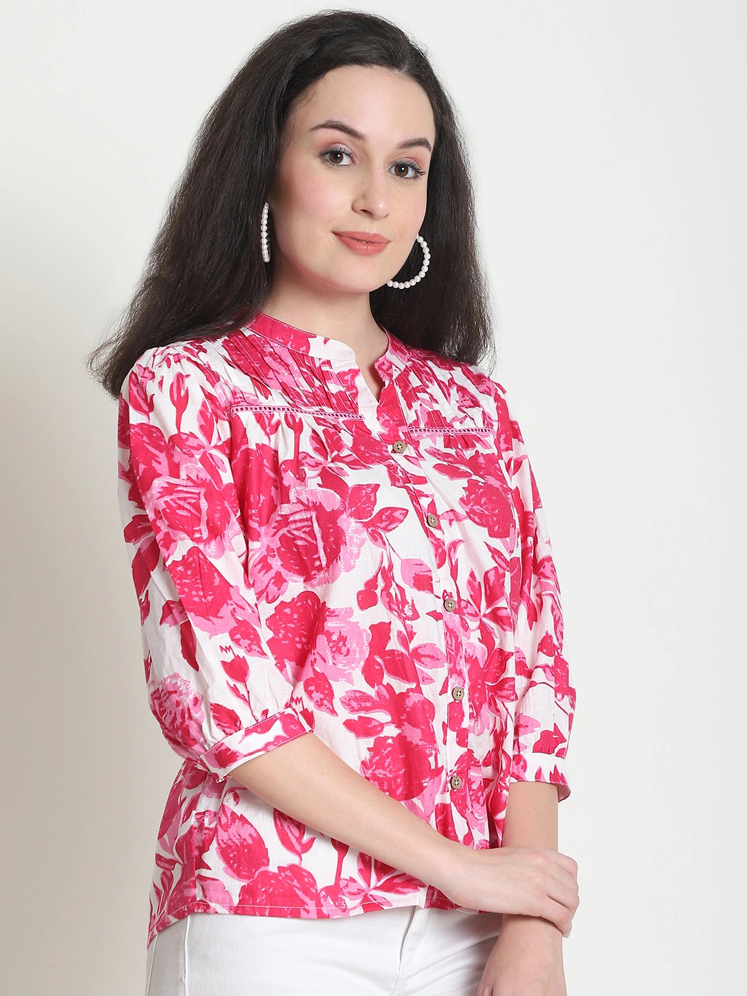 Frempy Women Pink Floral Printed Pure Cotton Top