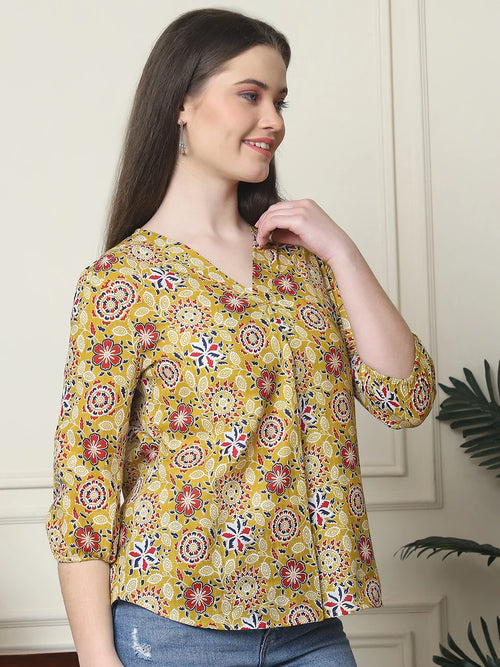 Frempy Women Yellow Floral Printed Pure Cotton Top