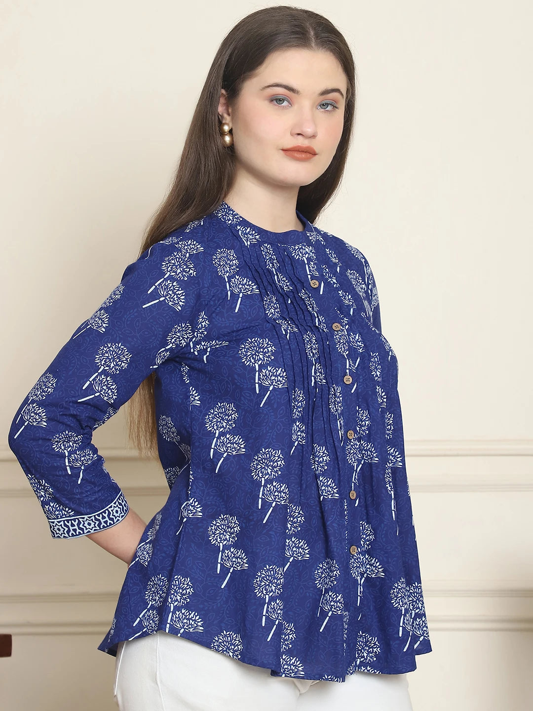 Frempy Women Blue Floral Printed Pure Cotton Top