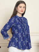 Frempy Women Blue Floral Printed Pure Cotton Top