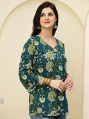 Green Floral Printed Pure Cotton Short Kurti