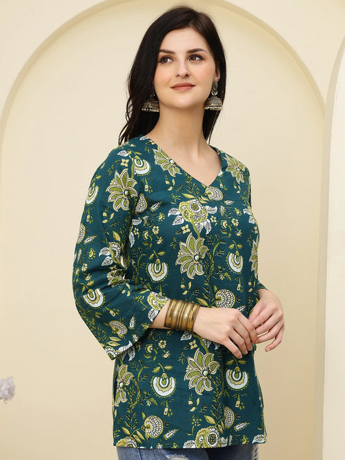 Green Floral Printed Pure Cotton Short Kurti