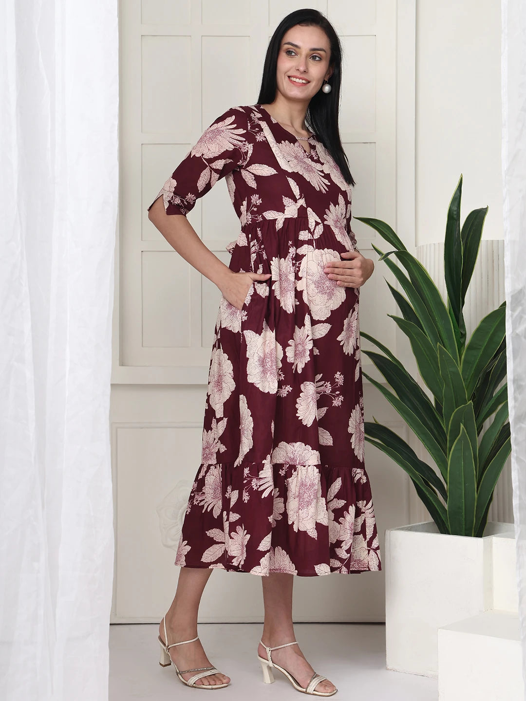 Frempy Women Maroon Floral Printed  Maternity Dress