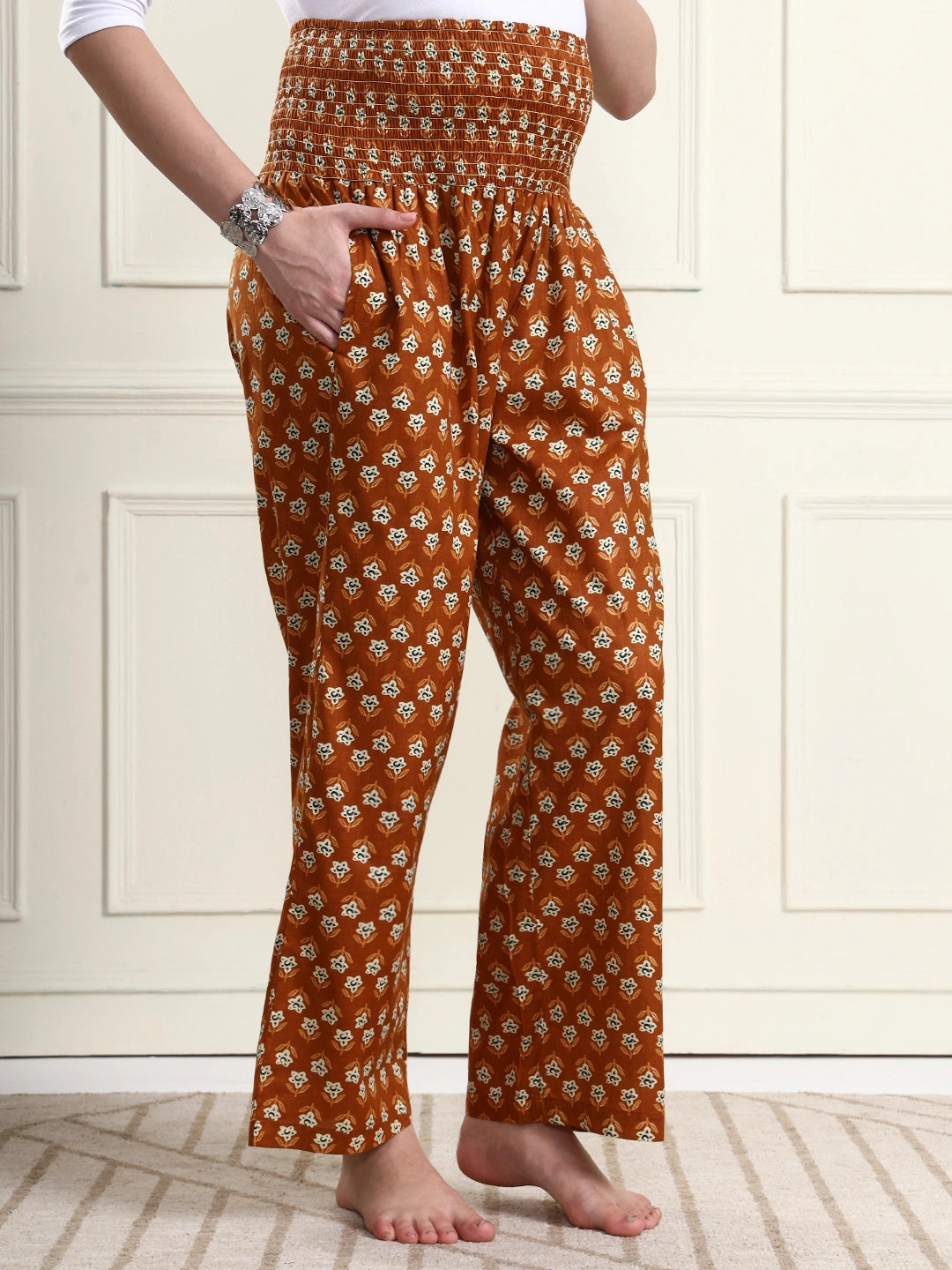 Frempy Rust Brown Floral Print Smocked Waist Pure Cotton Maternity Trousers
