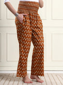 Frempy Rust Brown Floral Print Smocked Waist Pure Cotton Maternity Trousers