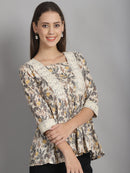 Off White Floral Printed Floral Pure Cotton Top