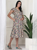 Frempy Women Off White Floral Printed Maternity Midi Dress