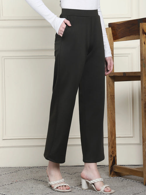 Frempy Women's High-Rise Relaxed Straight Leg Formal Trousers - Olive