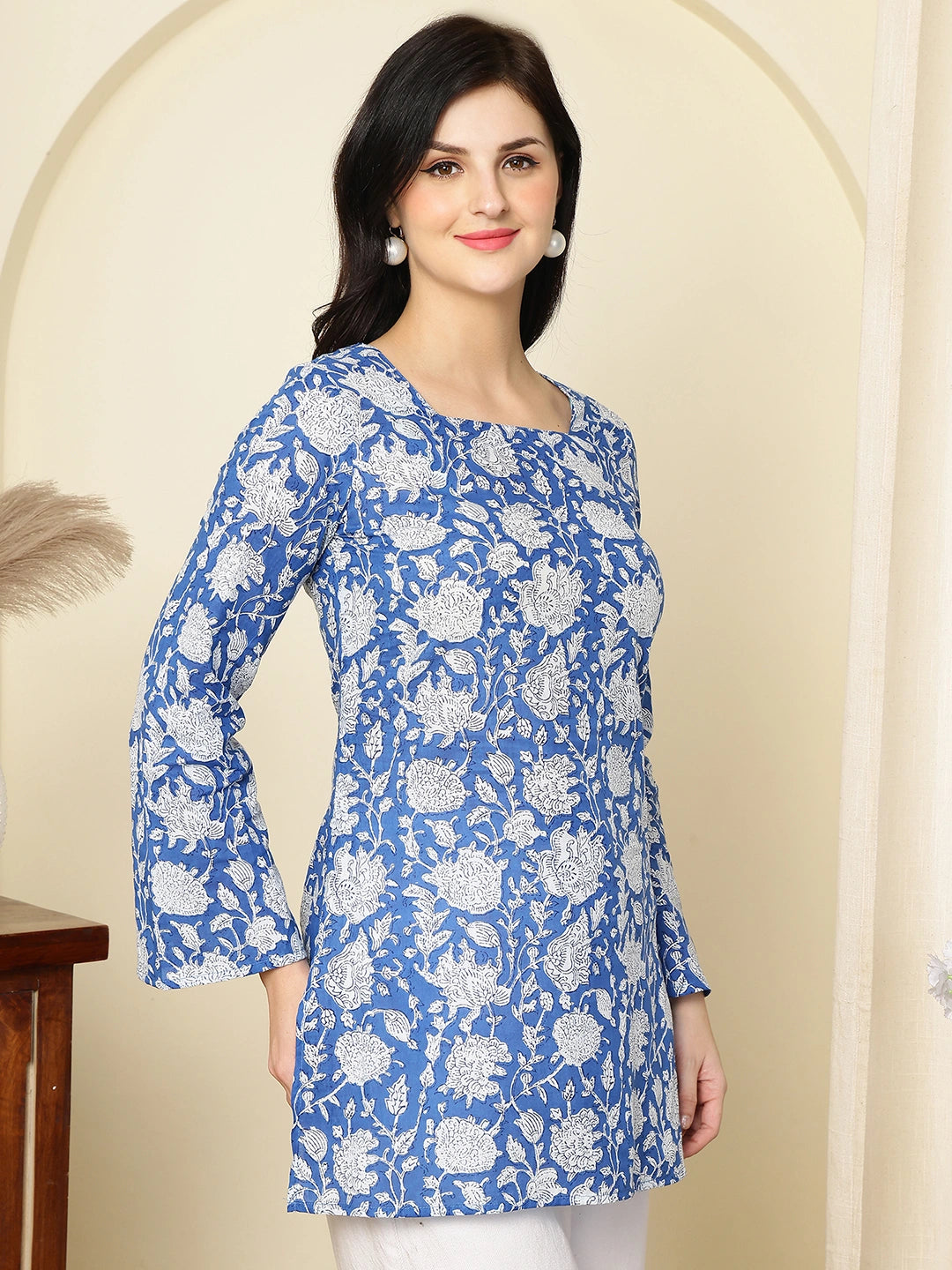 Cobalt Blue Floral Printed  A-Line Pure Cotton Short Kurti