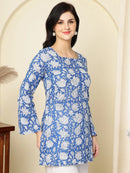 Cobalt Blue Floral Printed  A-Line Pure Cotton Short Kurti