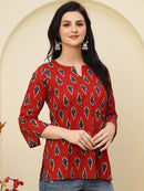 Red Ikat Printed  Pure Cotton Short Kurti
