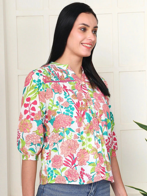 Frempy Women Multicoloured Floral Pure Cotton Top